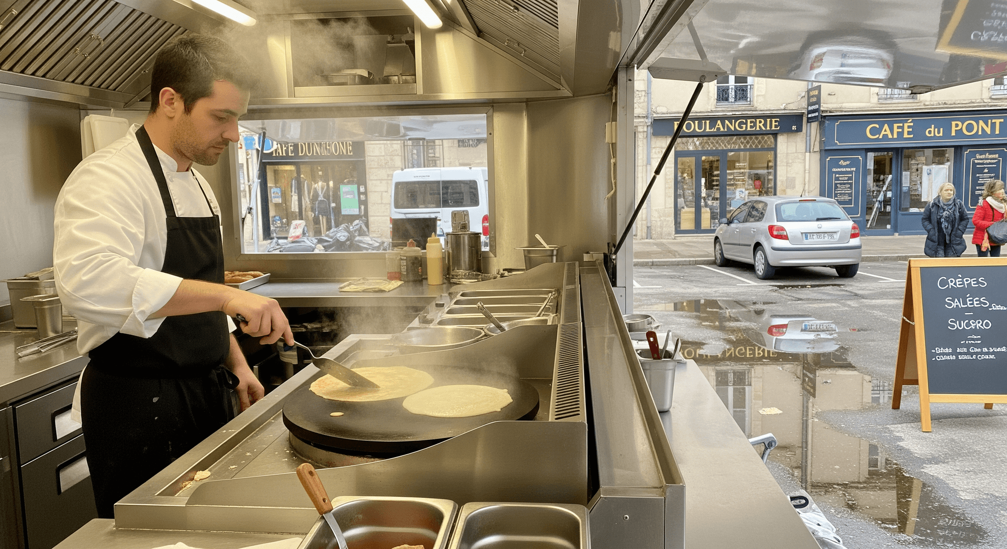 Cuisinier prépare crêpes sur double crêpière professionnelle dans remorque food truck MCR, cuisine mobile inox.