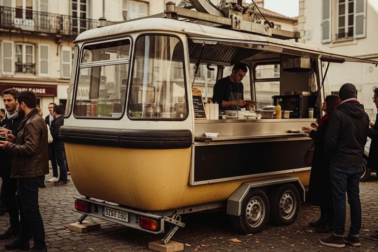 Remorque food truck aménagée à partir d'une ancienne cabine de téléphérique servant du café sur une place pavée