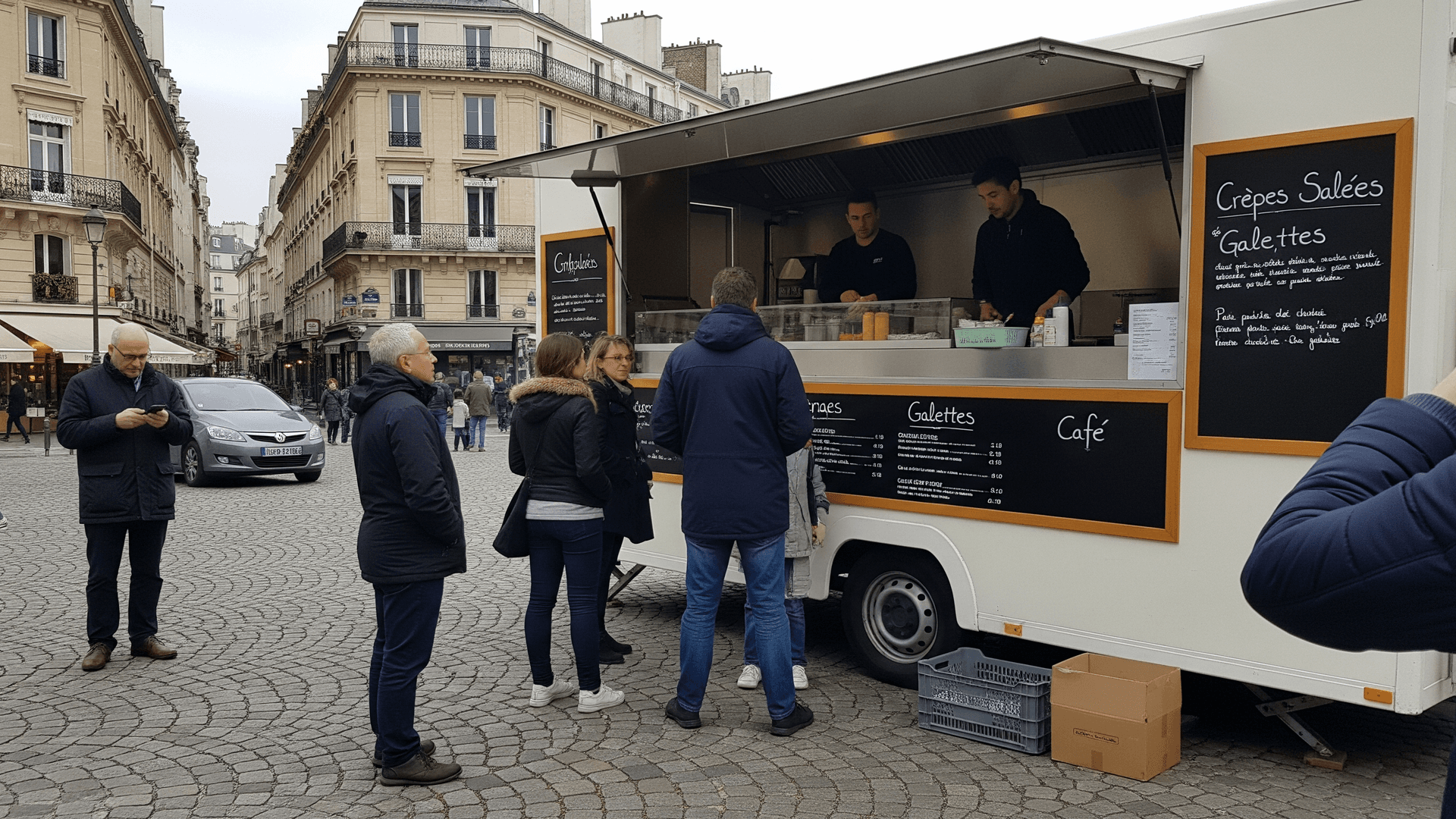 Remorque food truck blanche aménagée pour crêpes et galettes, en service sur une place parisienne animée.