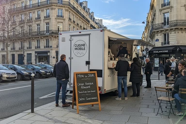 Remorque food truck blanche avec auvent déployé servant clients sur place parisienne, enseigne Cuisine Mobile