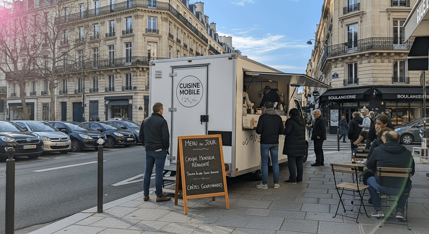 Remorque food truck blanche avec auvent déployé servant clients sur place parisienne, enseigne Cuisine Mobile
