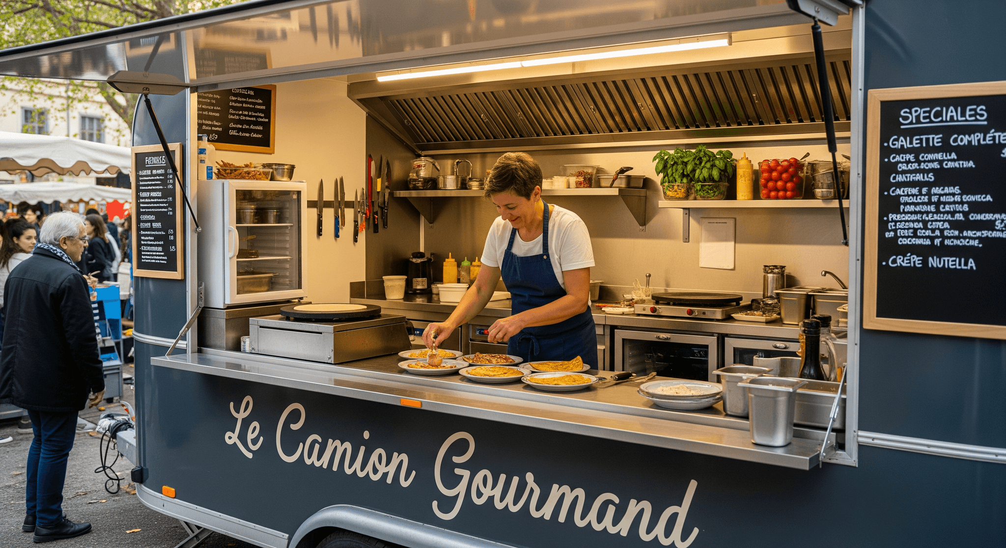 Remorque food truck aménagée MCR avec cuisinière préparant galettes sur crêpière. Cuisine pro inox, hotte, menu visibles.