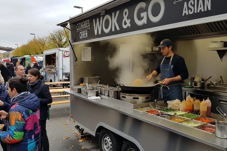 Remorque food truck wok asiatique avec cuisinier préparant des plats au wok fumant devant clients