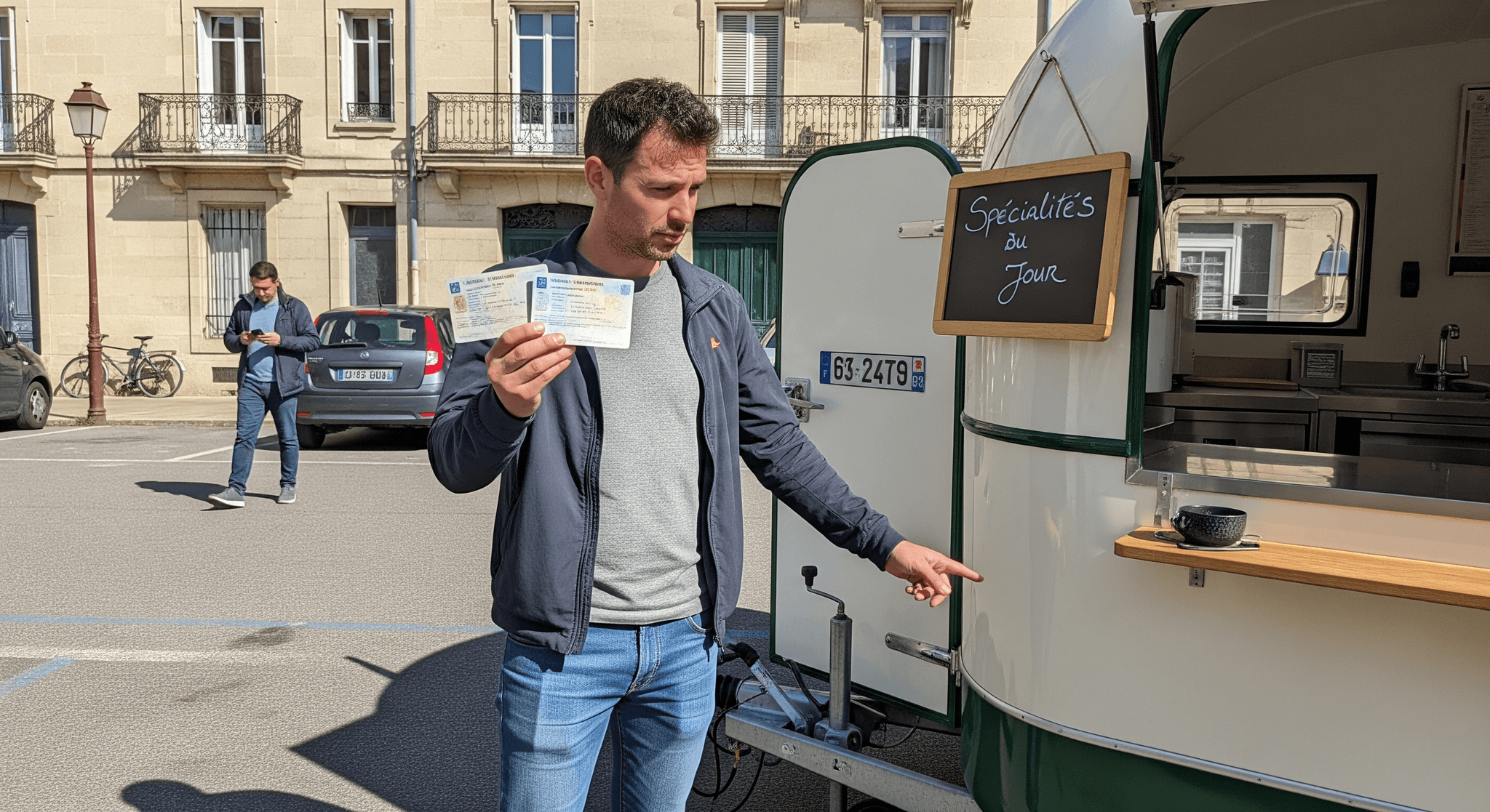 Homme montre permis et carte grise près d'une remorque food truck vintage aménagée, illustrant obligations légales.