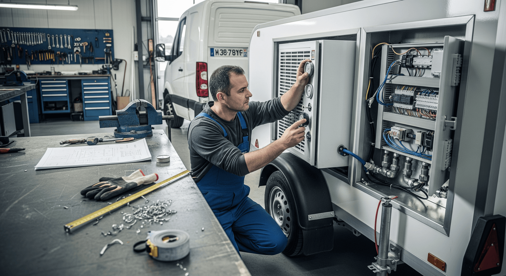 Technicien MCR vérifiant les systèmes de contrôle d'une remorque frigorifique professionnelle en atelier.