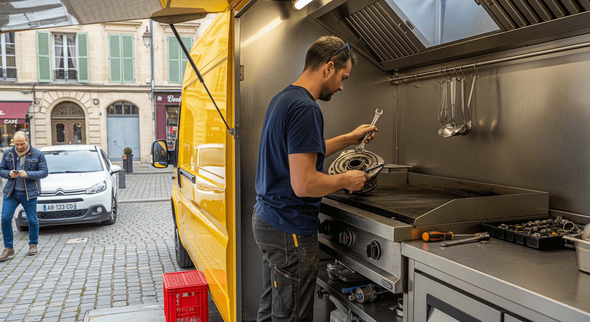Technicien MCR remplaçant un élément de cuisson sur une plancha intégrée dans un food truck jaune aménagé.