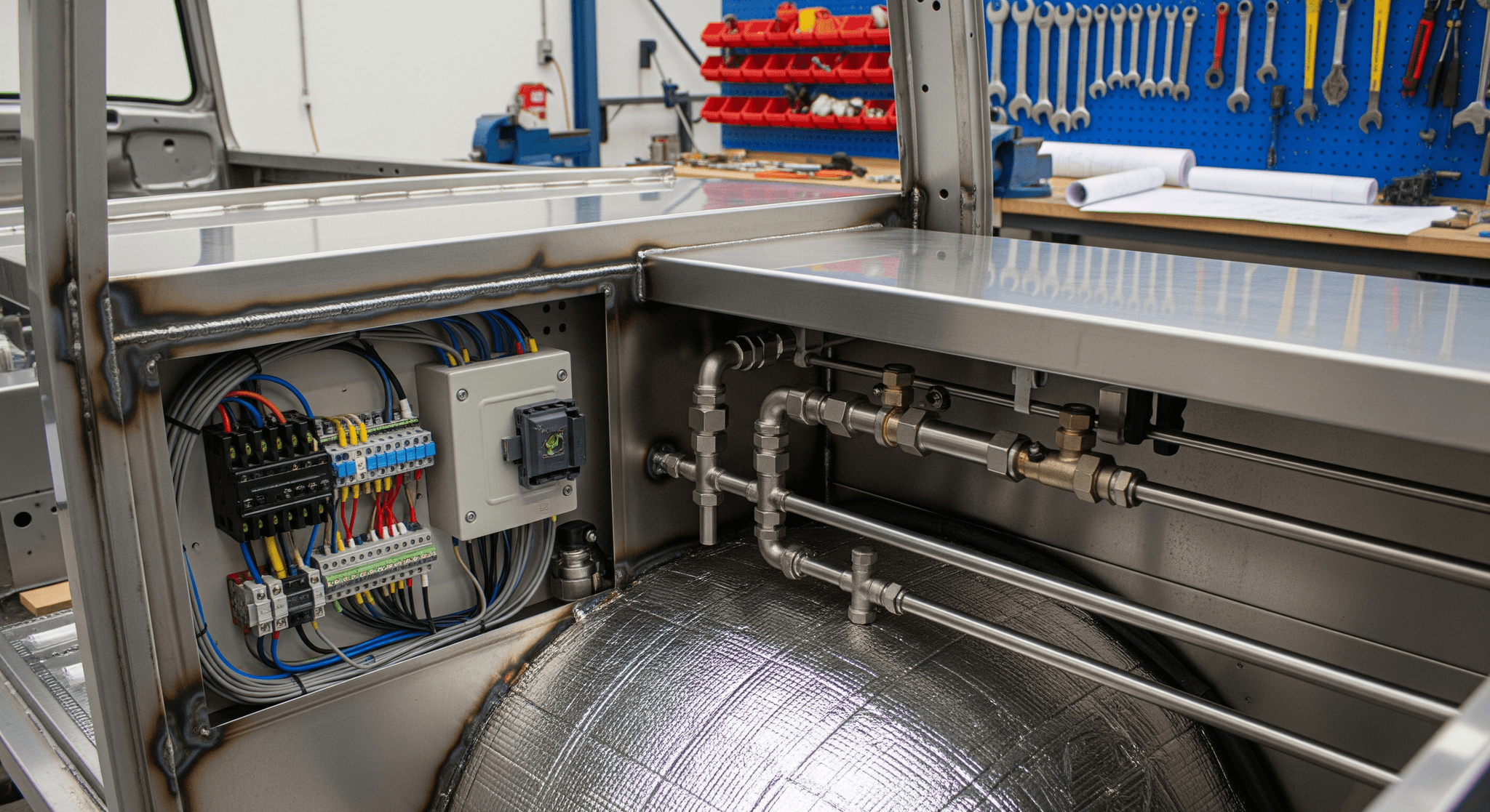 Aménagement technique détaillé d'un food truck en conversion : tableau électrique, réseau gaz/eau inox et réservoir isolé.