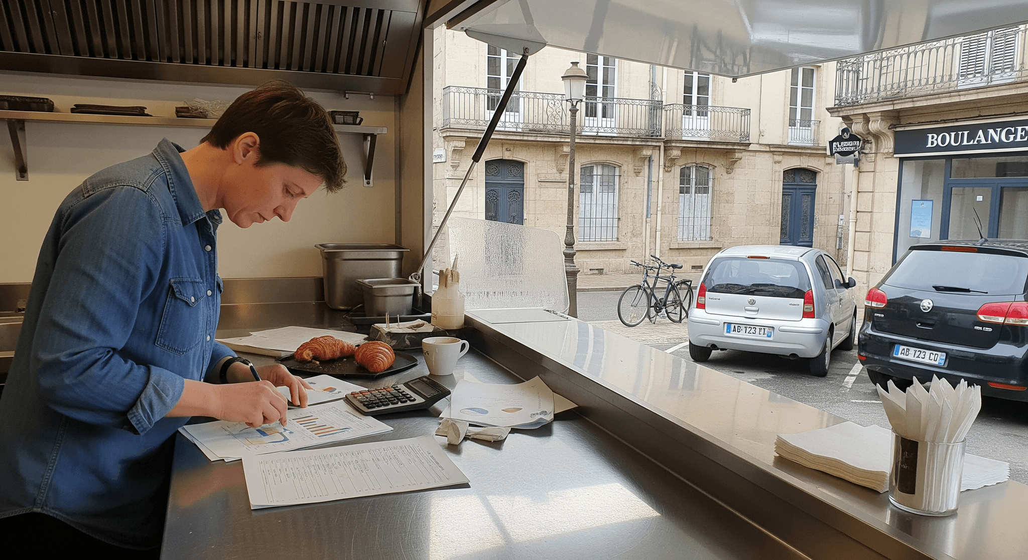 Entrepreneure analysant la rentabilité de son food truck aménagé. Documents, calculatrice sur comptoir inox, vue urbaine.