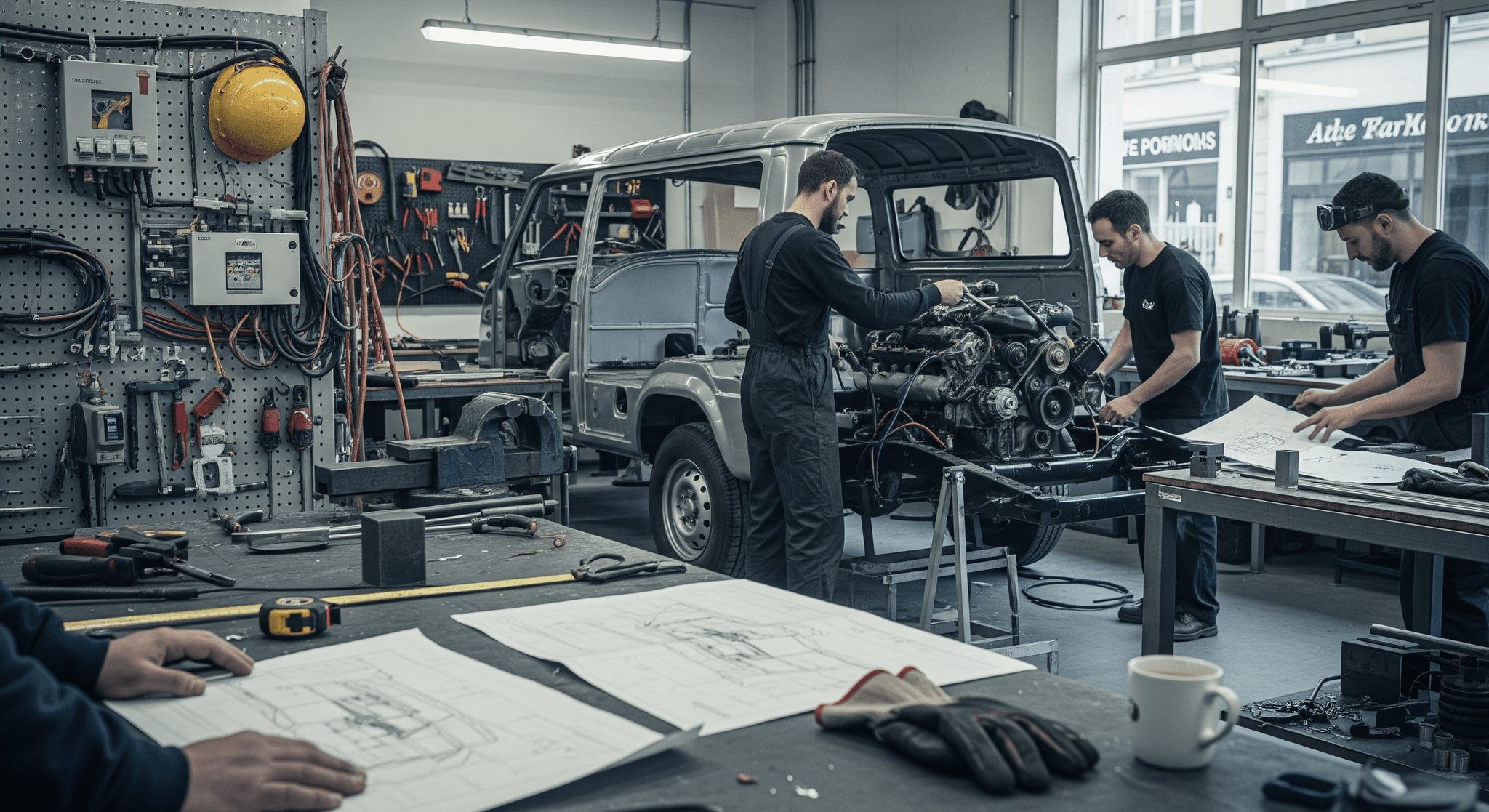 Atelier MCR: mécaniciens restaurant le châssis et le moteur d'un fourgon vintage pour conversion food truck.
