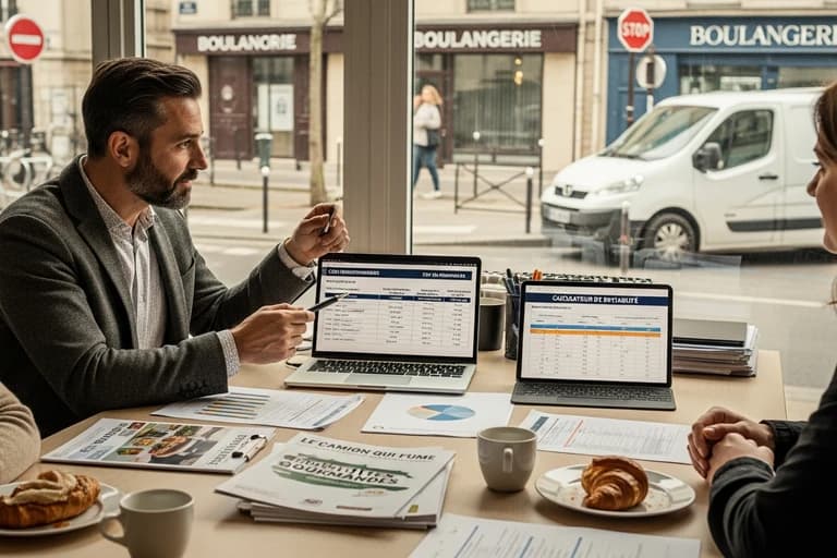 Réunion d'affaires avec présentation de tarifs food truck sur ordinateurs portables dans un café français