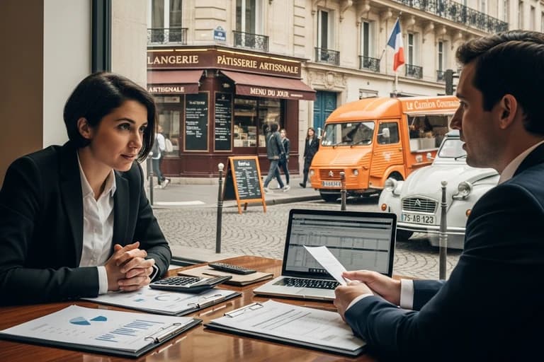 Réunion d'affaires entre entrepreneurs et conseiller financier pour financement food truck, documents et ordinateur sur table