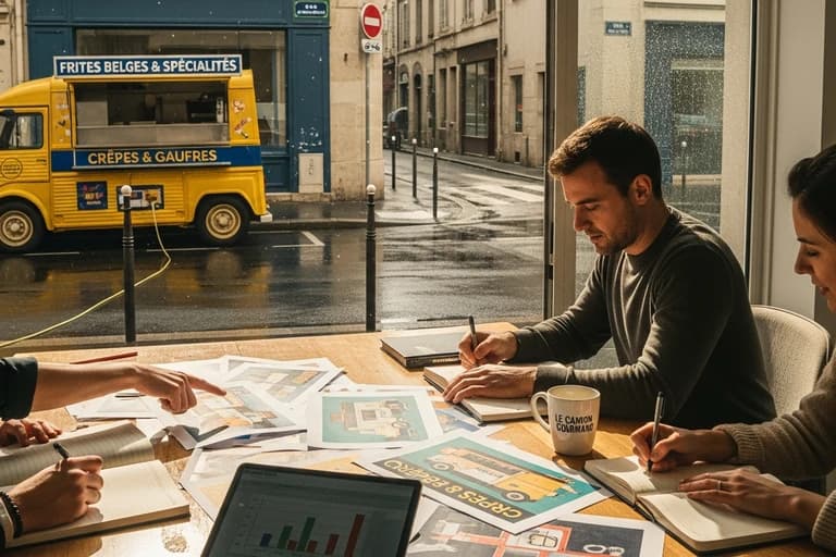 Réunion de conception d'un projet de food truck avec plans et documents étalés sur table, camion jaune visible dehors
