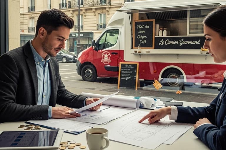 Réunion de financement food truck entre entrepreneur et conseiller avec plans et documents bancaires