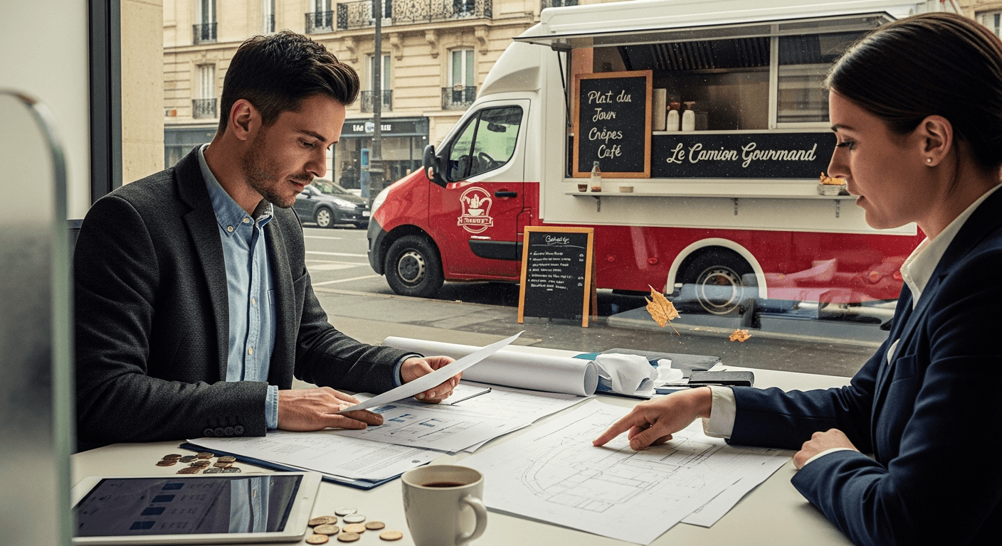 Réunion de financement food truck entre entrepreneur et conseiller avec plans et documents bancaires
