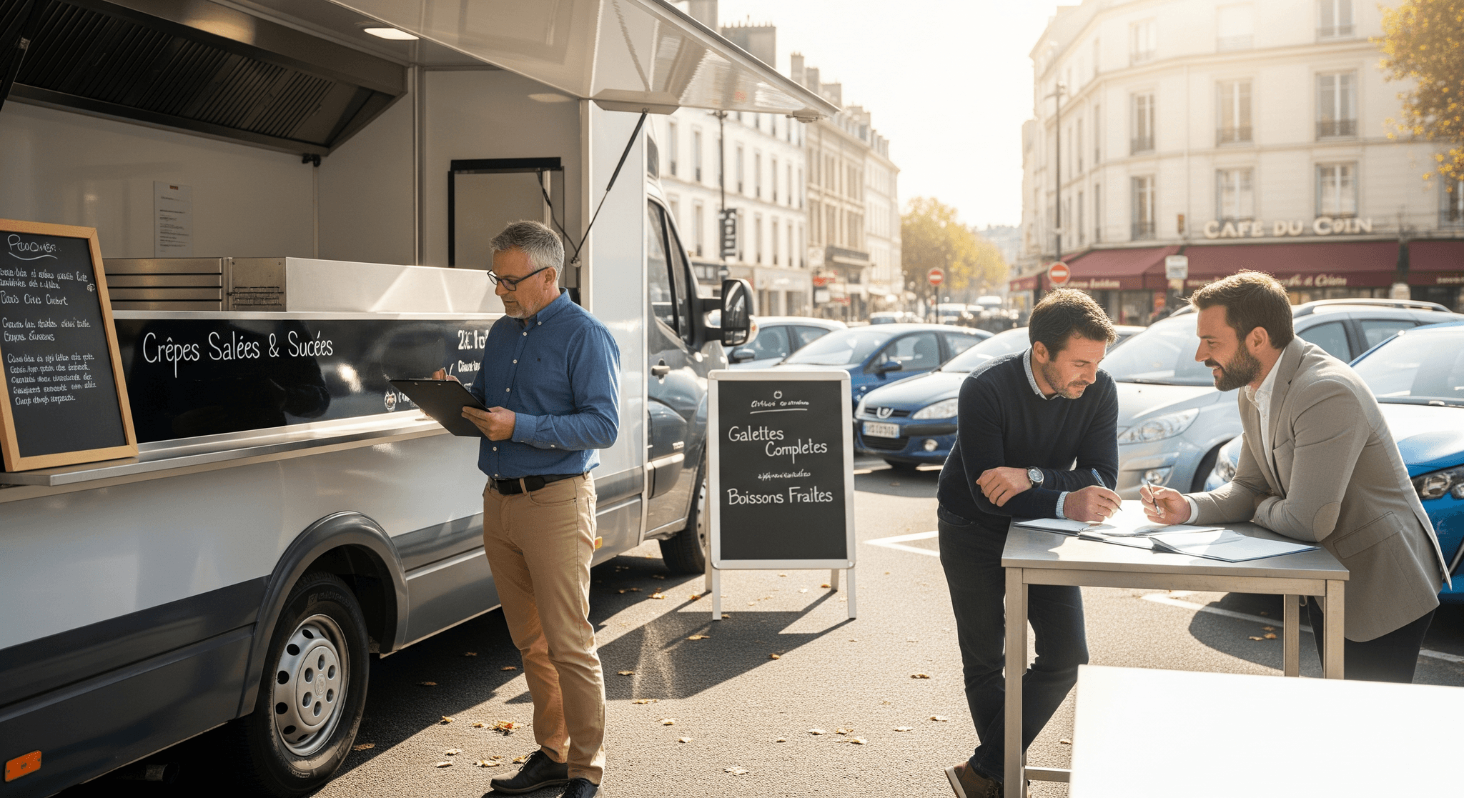 Food truck crêperie professionnel en milieu urbain, discussions d'affaires autour de sa valorisation ou vente.