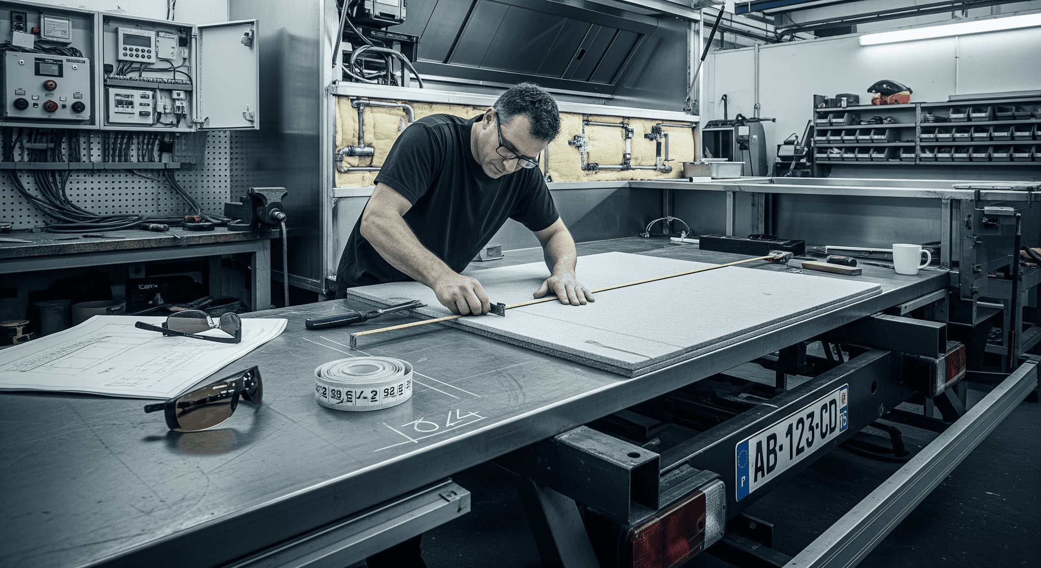 Technicien MCR mesurant un revêtement de sol gris résistant sur une structure de remorque en fabrication, pour food truck.
