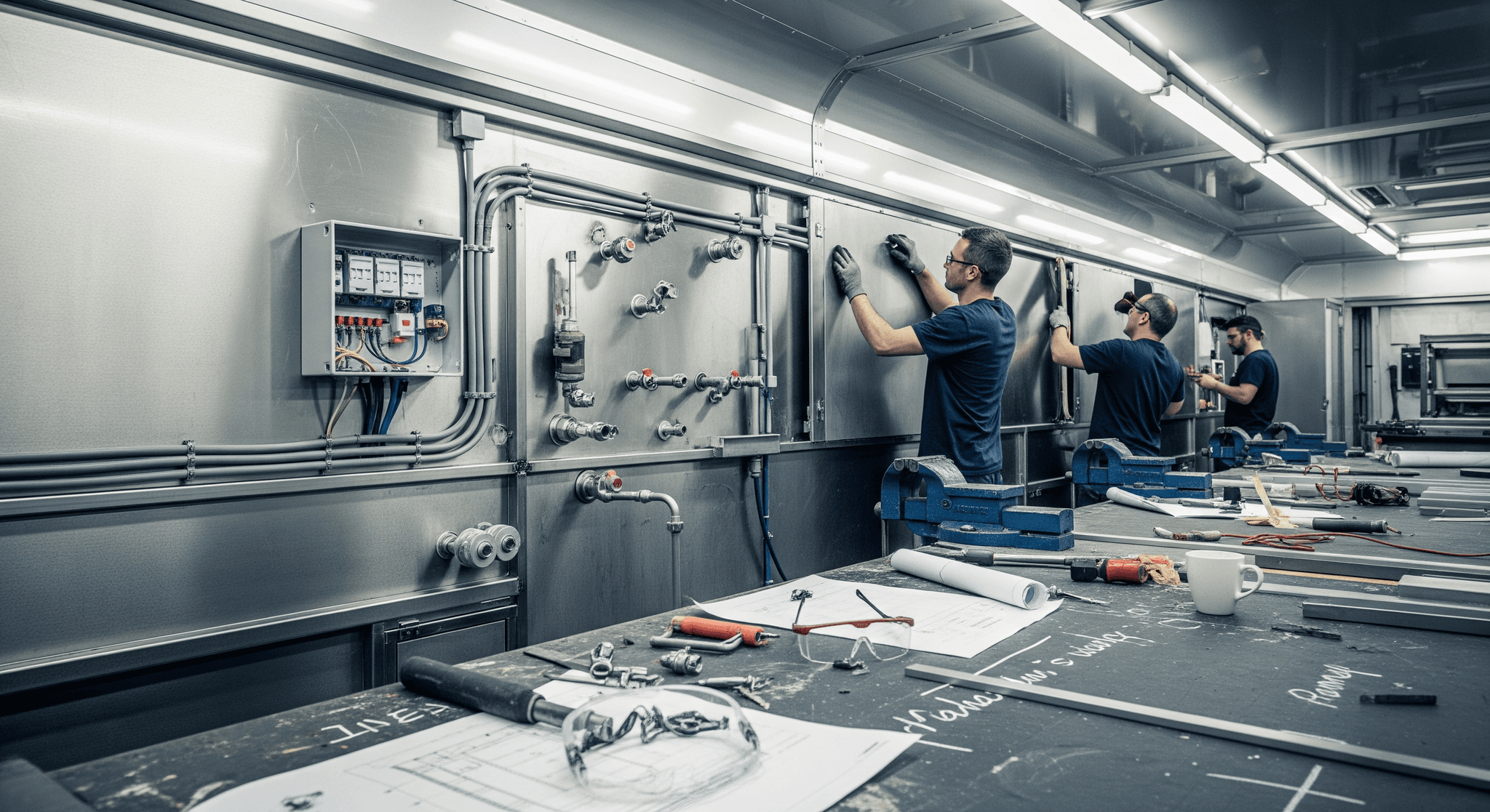 Techniciens MCR installant des revêtements muraux inox et systèmes électriques/plomberie dans un food truck en fabrication.