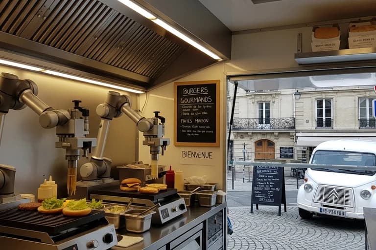 Robots culinaires automatisés préparant des burgers dans un food truck moderne avec cuisine professionnelle