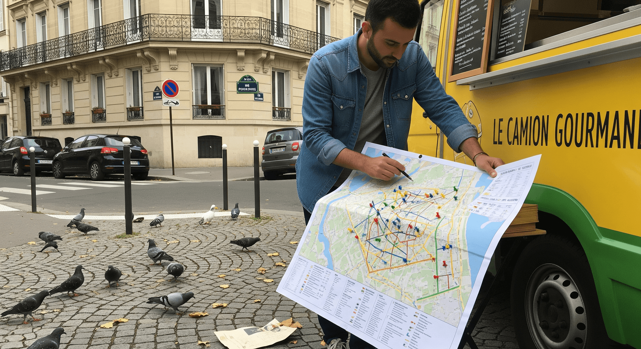 Homme étudiant une carte routière pour optimiser la rotation d'emplacements d'un food truck jaune à Paris.