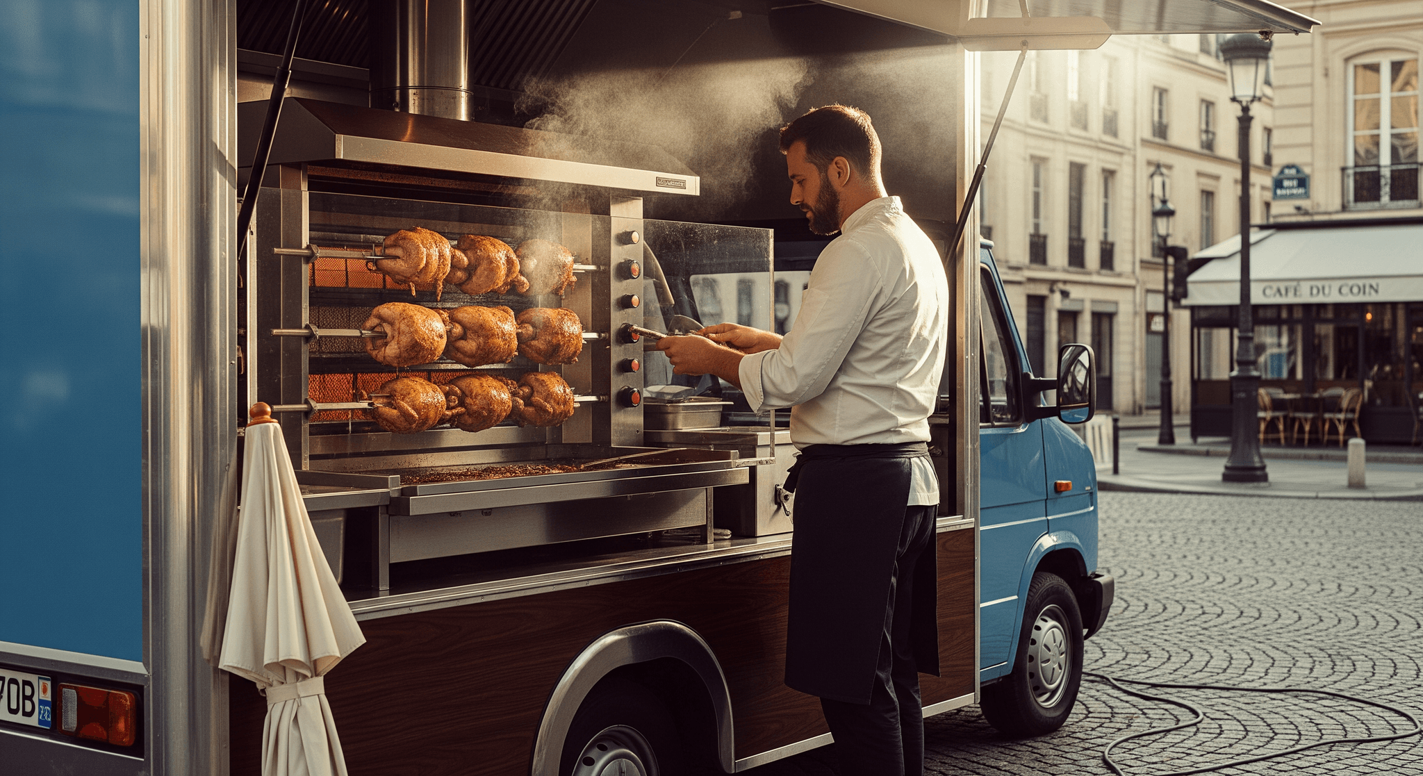 Food truck rôtisserie sur mesure avec chef et poulets rôtis dorés, prêt pour la restauration ambulante.