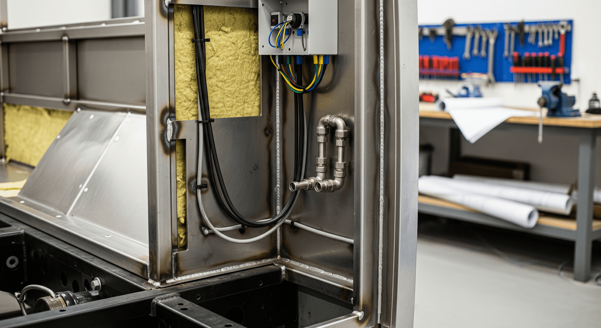 Structure interne d'un food truck en cours d'aménagement : isolation thermique, câblage électrique et raccordements plomberie en acier inox.