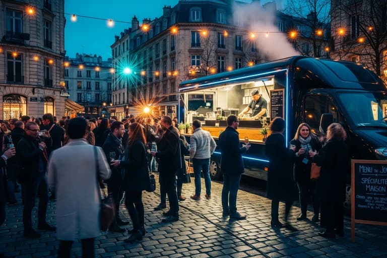 Food truck noir premium avec néons bleus servant des échantillons lors d'une soirée événementielle animée en centre-ville.