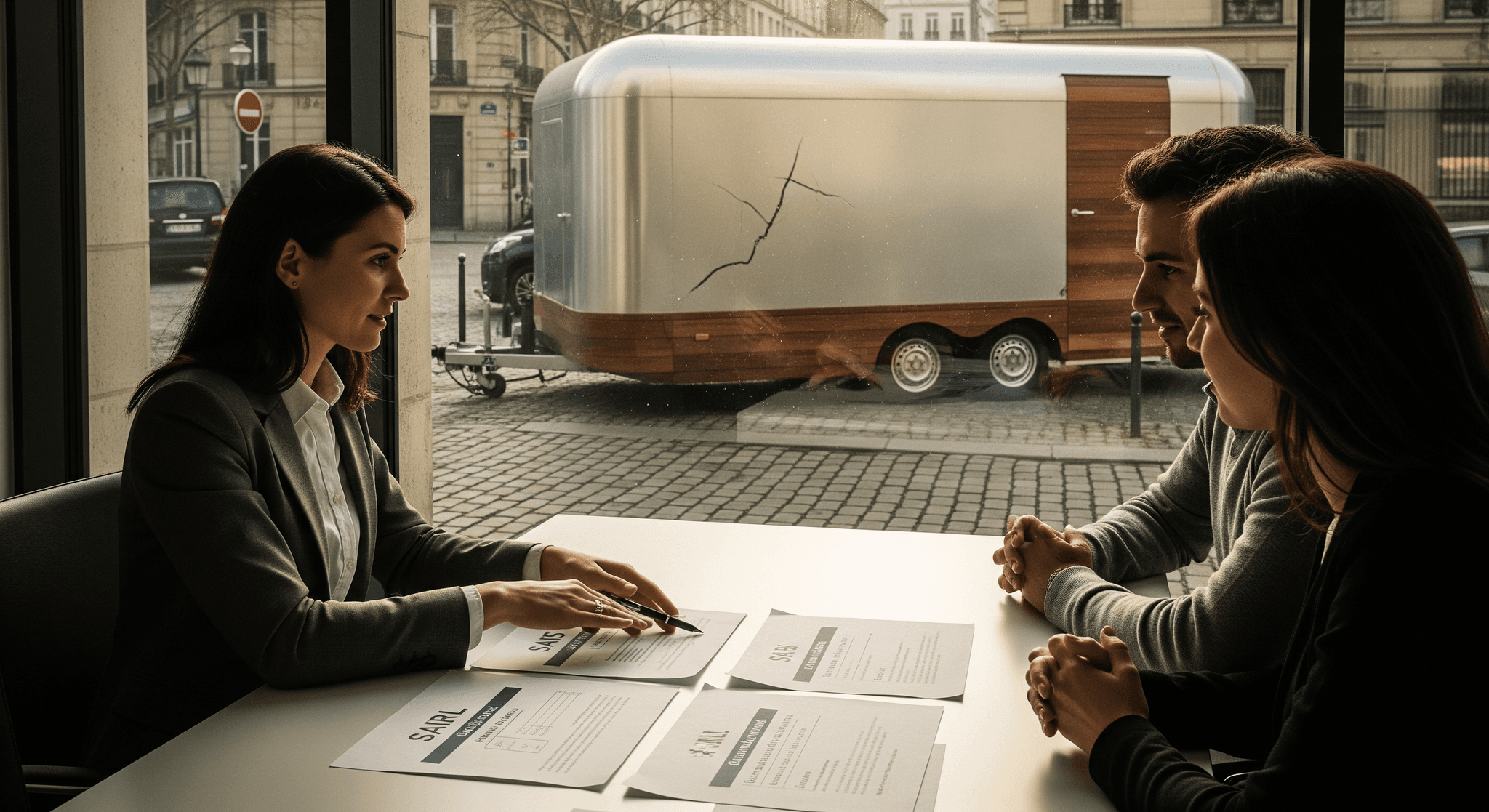 Conseil création entreprise restauration mobile : statuts juridiques SARL, SASU devant remorque food truck design bois et métal.