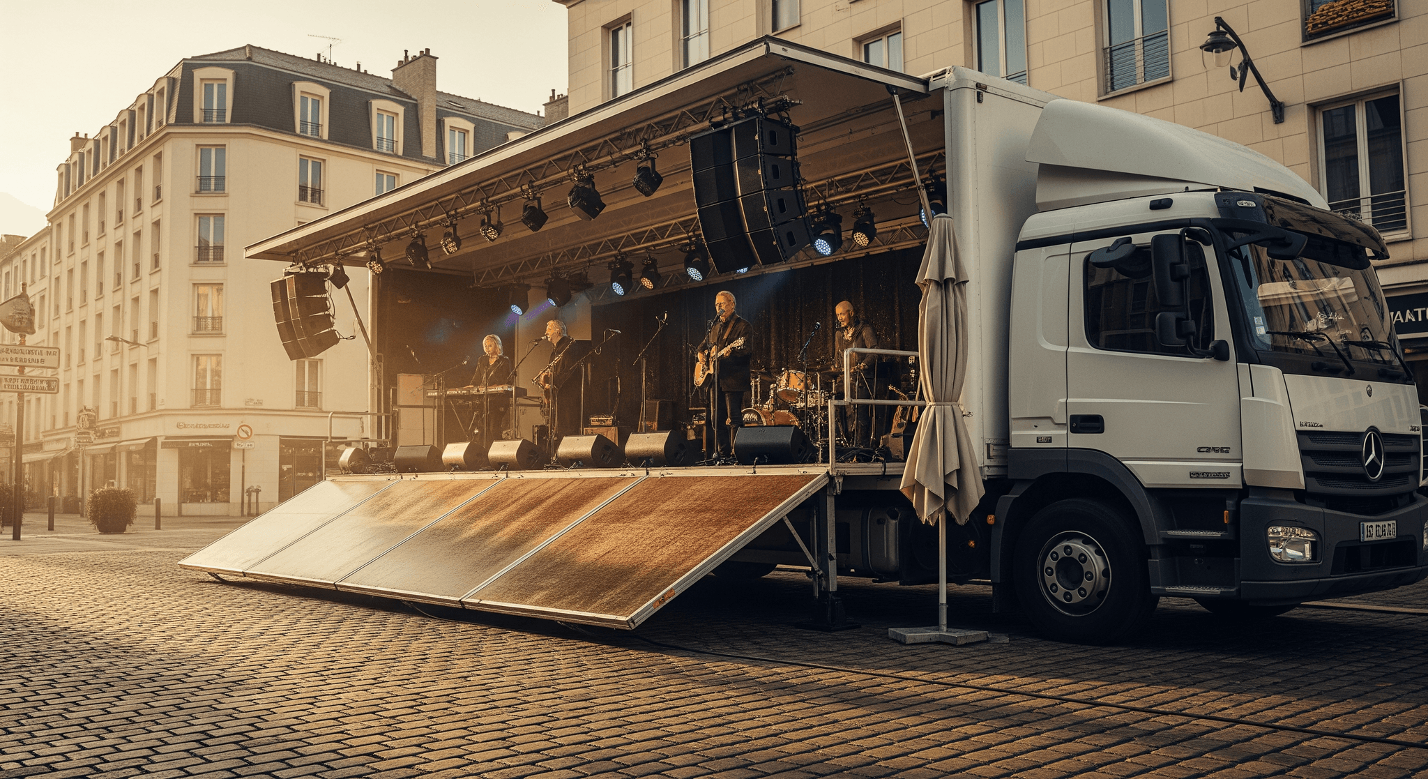 Camion aménagé en scène mobile pour concert live avec groupe de musique en ville. Podium événementiel avec équipement son et lumière.