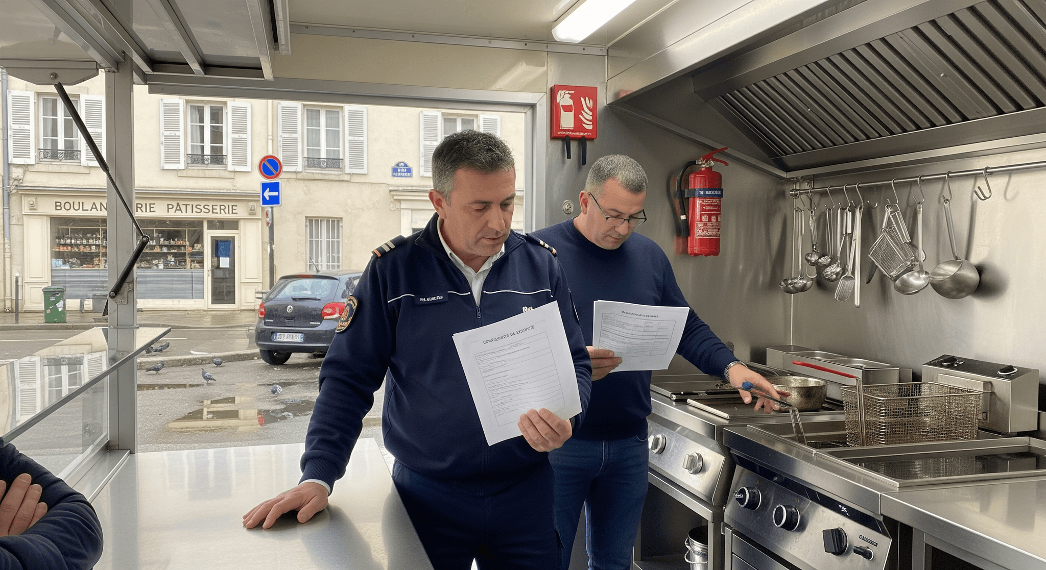 Inspection sécurité d'un food truck: deux hommes vérifient l'aménagement professionnel inox avec équipements de cuisson.