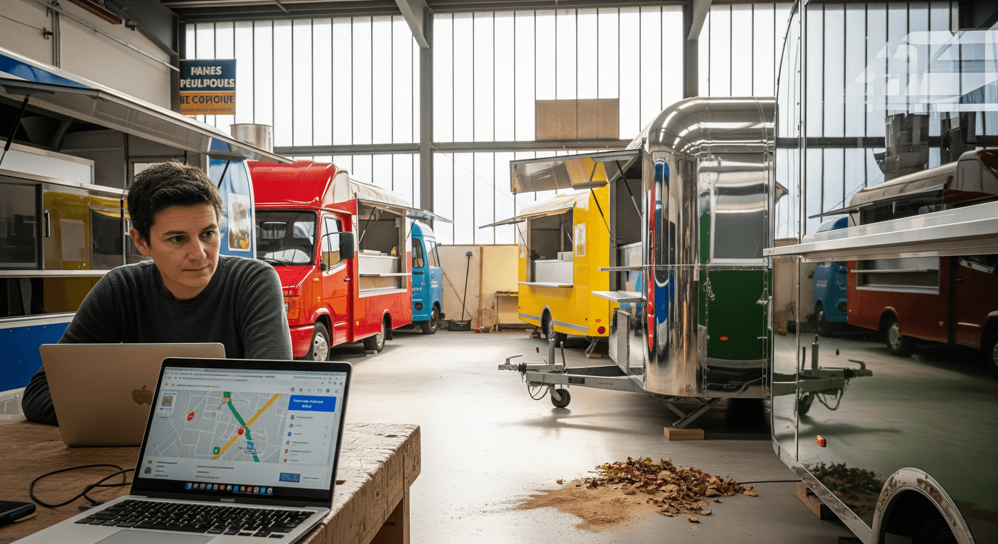 Concepteur travaillant sur un laptop affichant Google Maps dans l'atelier MCR, entouré de food trucks et remorques chromées.