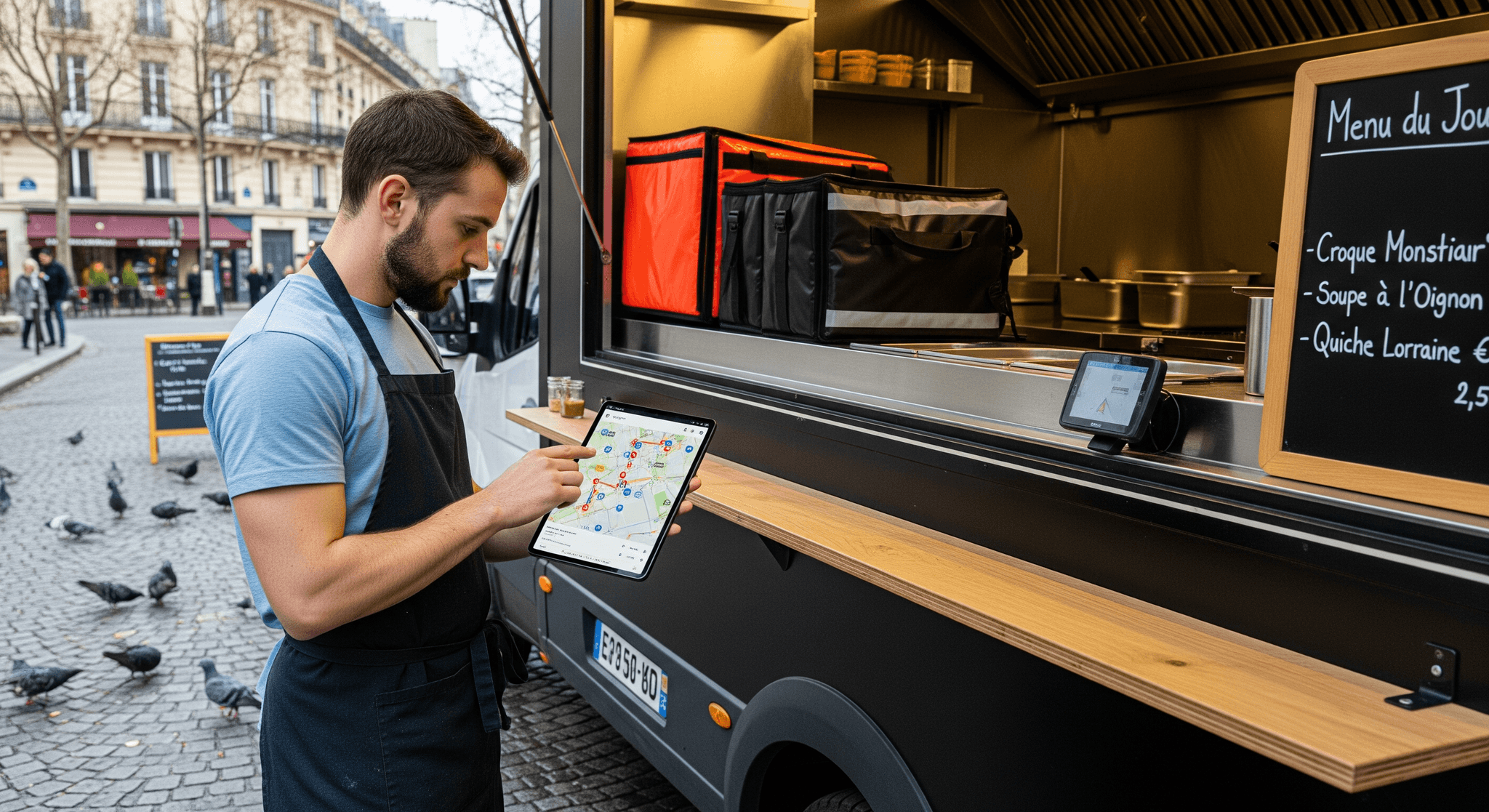 Opérateur food truck consulte itinéraire de livraison sur tablette tactile, devant un concept mobile de restauration urbaine noir.