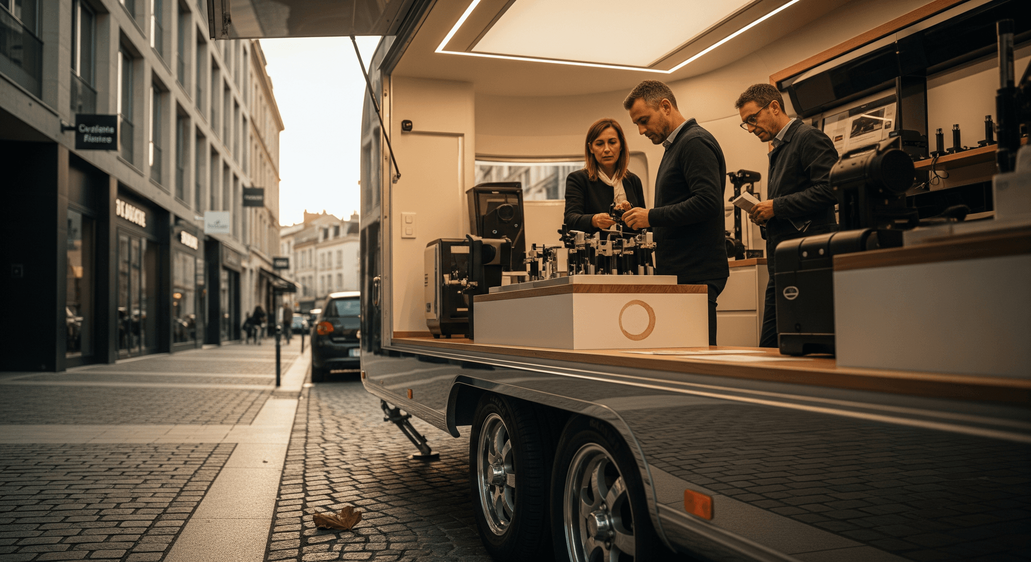 Remorque showroom mobile MCR stationnée en ville, présentant des équipements café haut de gamme avec trois experts.
