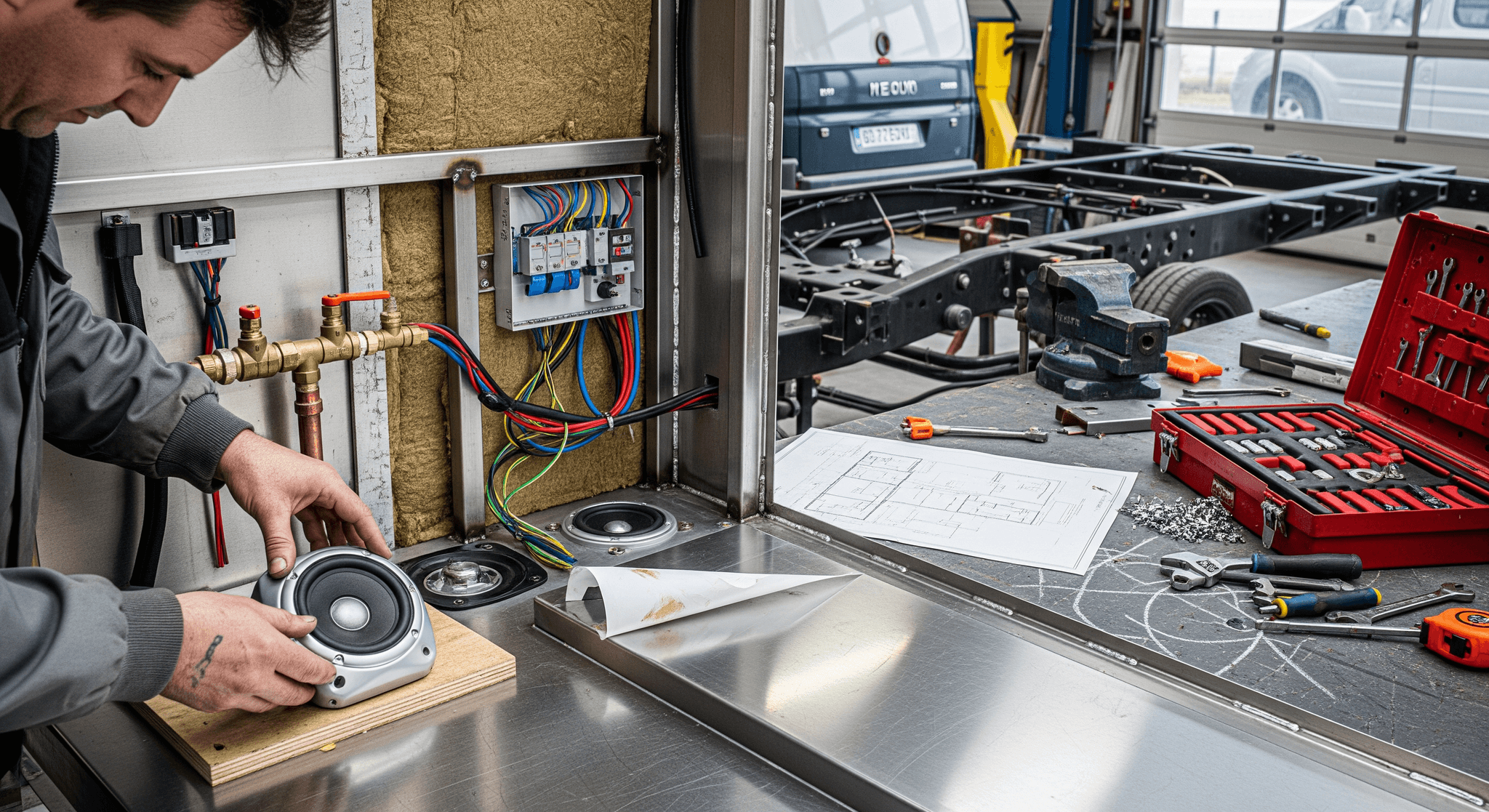 Installation d'une enceinte pour la sonorisation d'un food truck en fabrication, avec tableau électrique et plomberie.