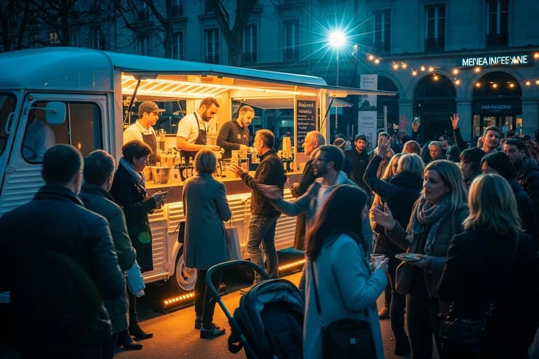 Food truck Citroën HY blanc en service, personnel préparant des dégustations pour une foule lors d'un événement nocturne animé.