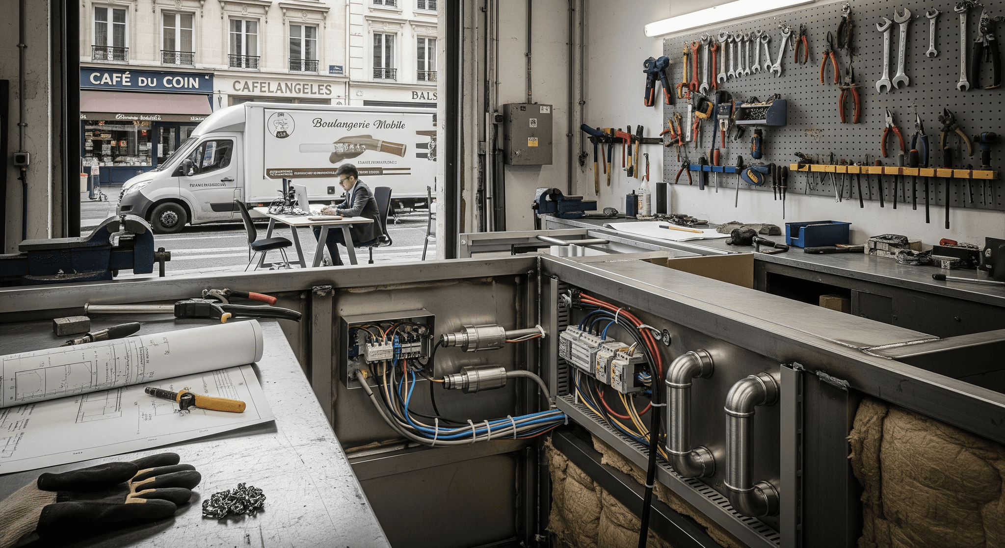 Atelier MCR : fabrication de food truck, installations électriques et plans techniques. À l'extérieur, une boulangerie mobile.