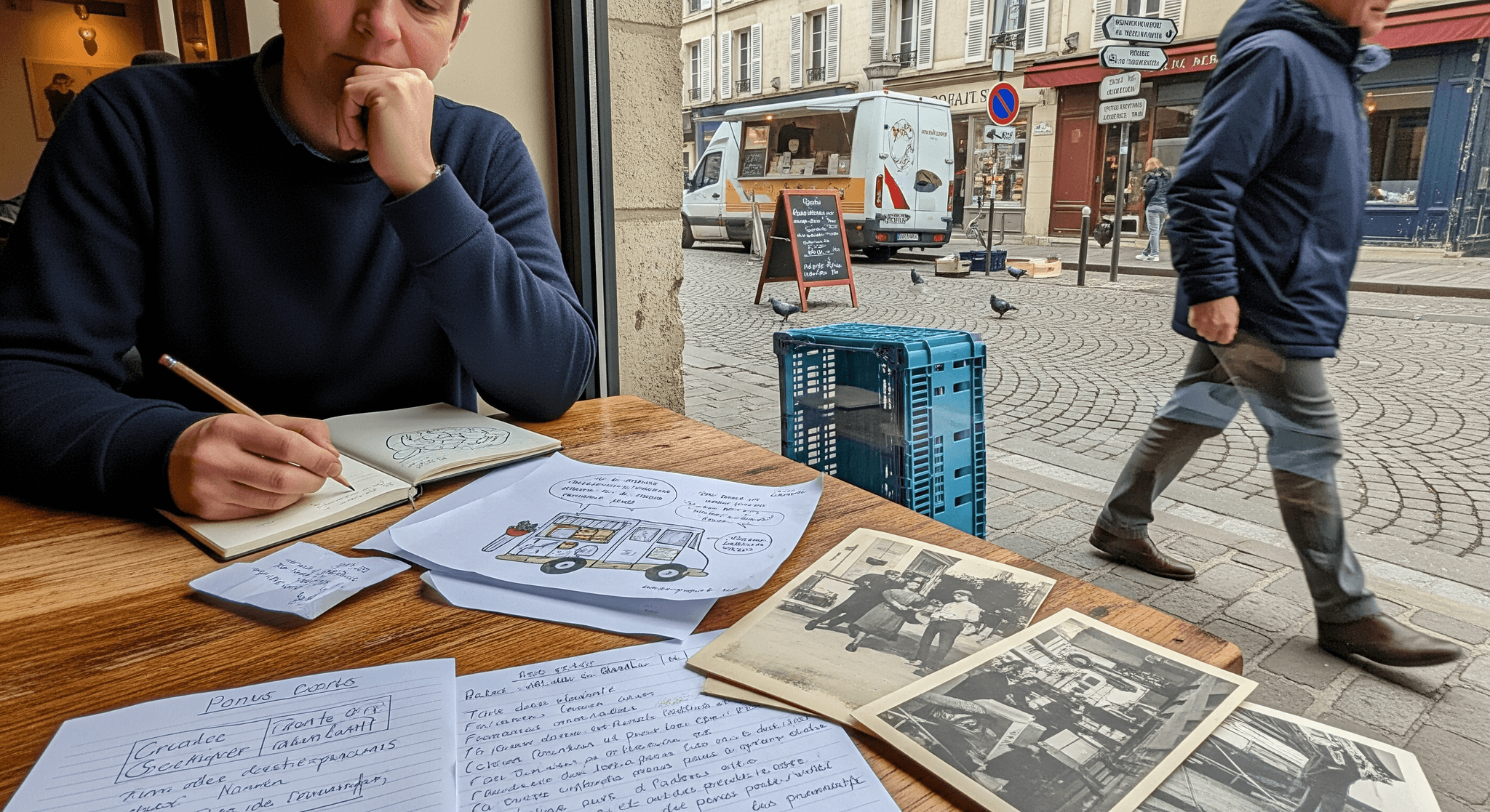 Personne esquissant un design de food truck sur papier, avec un concept mobile de restauration garé en arrière-plan.
