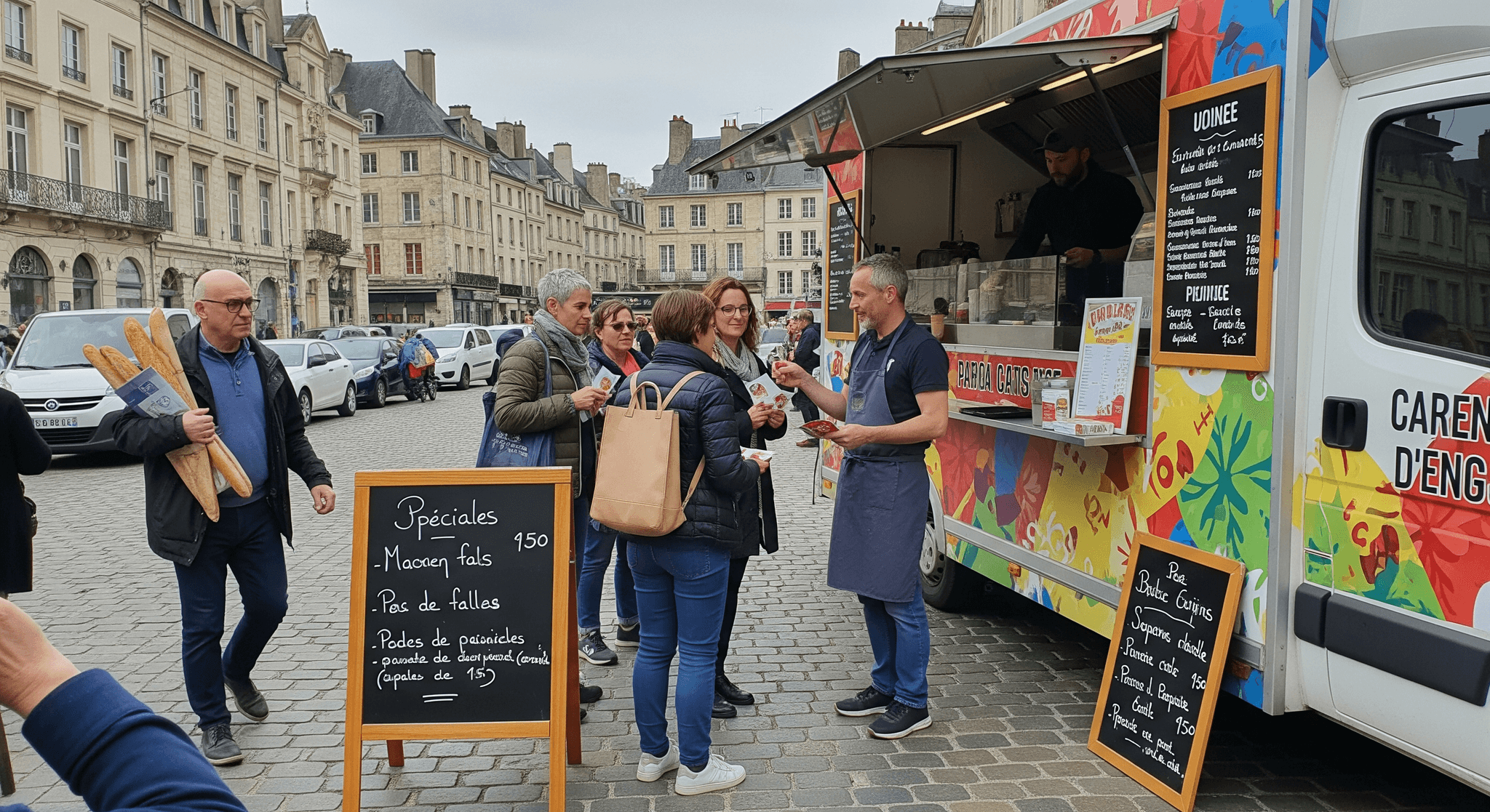 Food truck MCR blanc décoré, opérateur distribuant des flyers aux clients sur une place de ville pavée. Présence marketing ambulante.