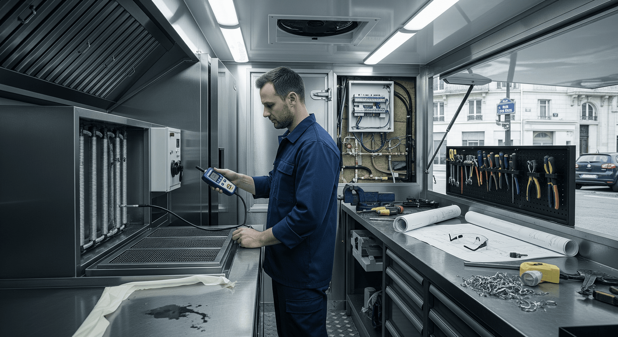 Technicien MCR inspectant un système de réfrigération intégré dans un food truck professionnel en acier inoxydable.