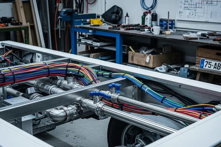 Système électrique complexe d'un food truck avec câblages colorés et composants hydrauliques