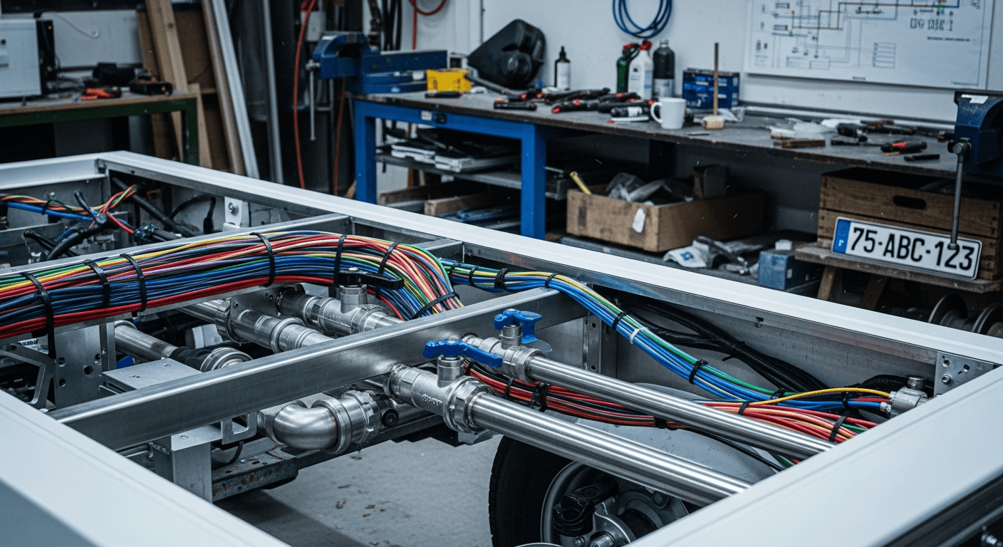 Système électrique complexe d'un food truck avec câblages colorés et composants hydrauliques