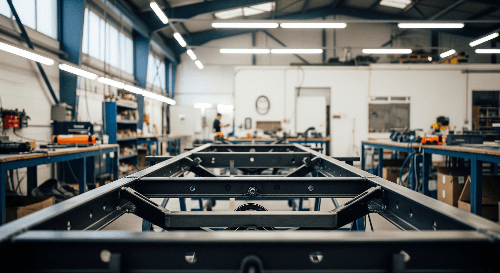 Structure métallique d'un châssis de food truck en construction dans l'atelier MCR.