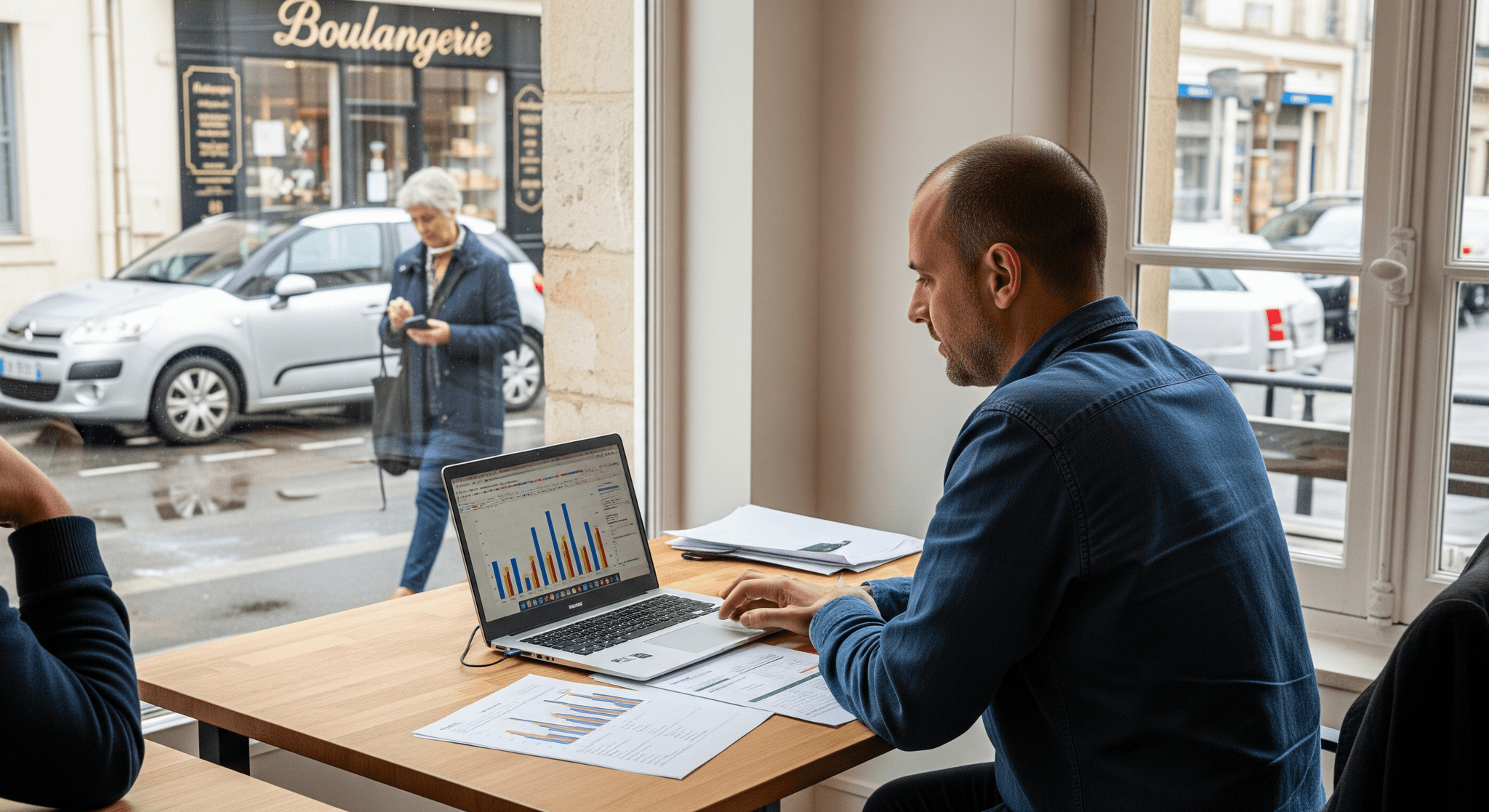 Homme analysant un tableau de bord financier sur ordinateur portable, essentiel pour un concept de restauration mobile.