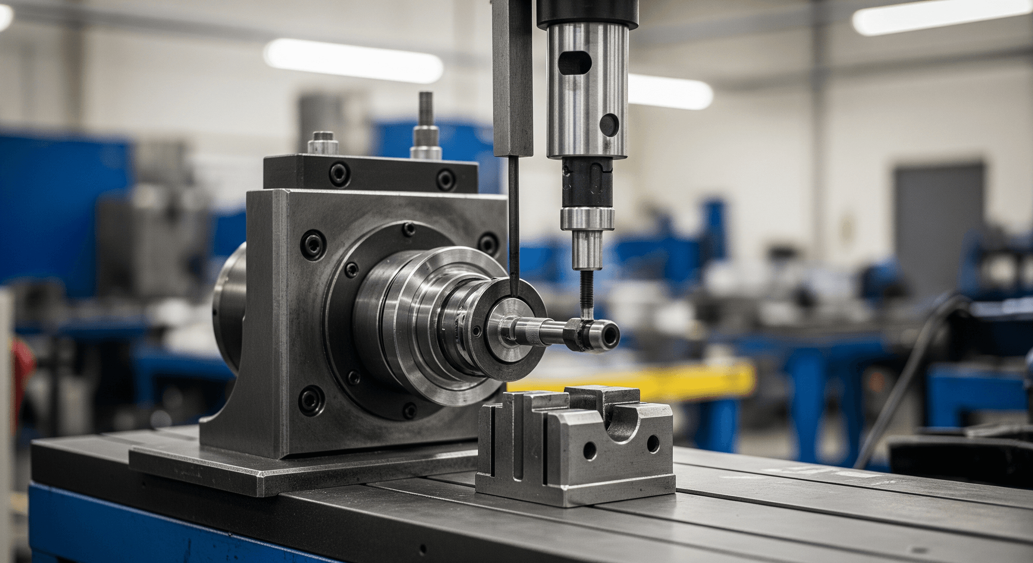 Machine d'usinage de précision travaillant un composant métallique en atelier, gage de qualité pour nos aménagements.