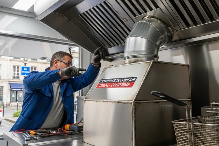 Technicien effectuant contrôle technique DREAL sur équipements cuisine professionnelle food truck