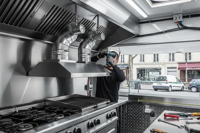 Technicien installant système d'extraction avec hotte inox et conduits dans food truck professionnel