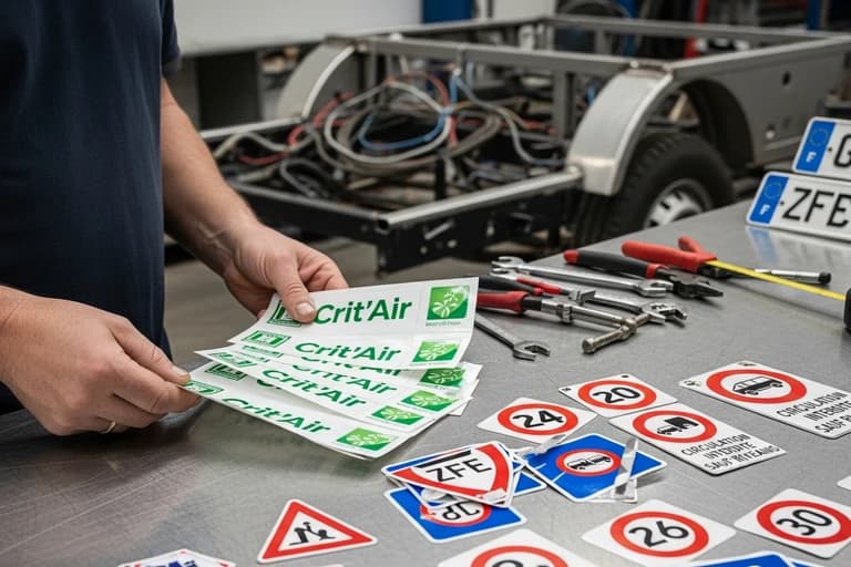 Technicien tenant des vignettes Crit'Air vertes dans un atelier avec panneaux routiers et outils