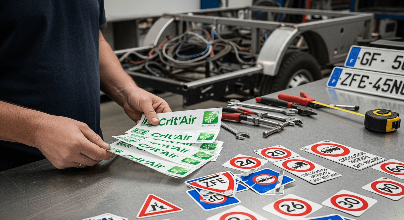 Technicien tenant des vignettes Crit'Air vertes dans un atelier avec panneaux routiers et outils