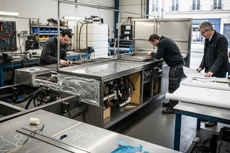 Techniciens assemblant l'équipement inox d'un food truck en atelier avec plans techniques