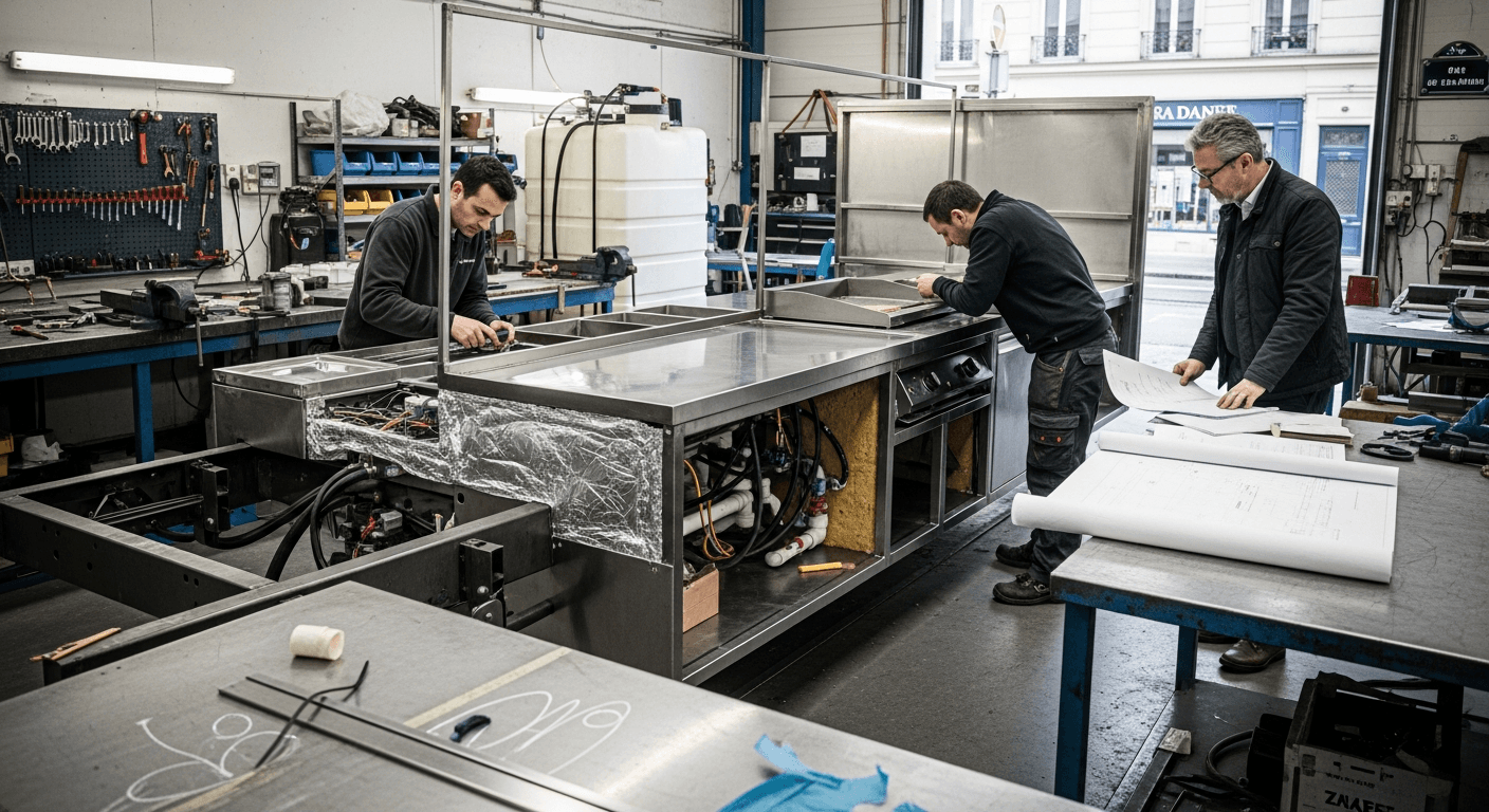 Techniciens assemblant l'équipement inox d'un food truck en atelier avec plans techniques
