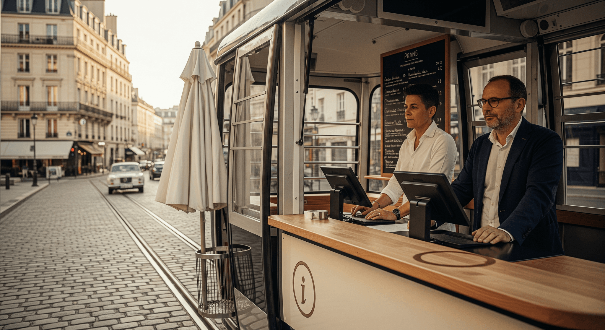 Télécabine aménagée MCR en point d'information événementiel urbain, avec comptoir bois, écrans et deux hôtes.